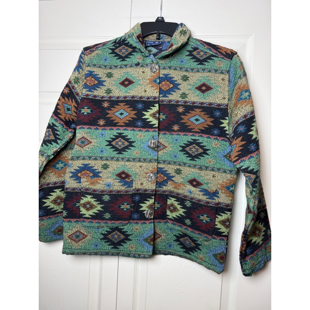Jane Ashley Vintage‎ Southwestern Tapestry Jacket Green Blue Geometric Womens M